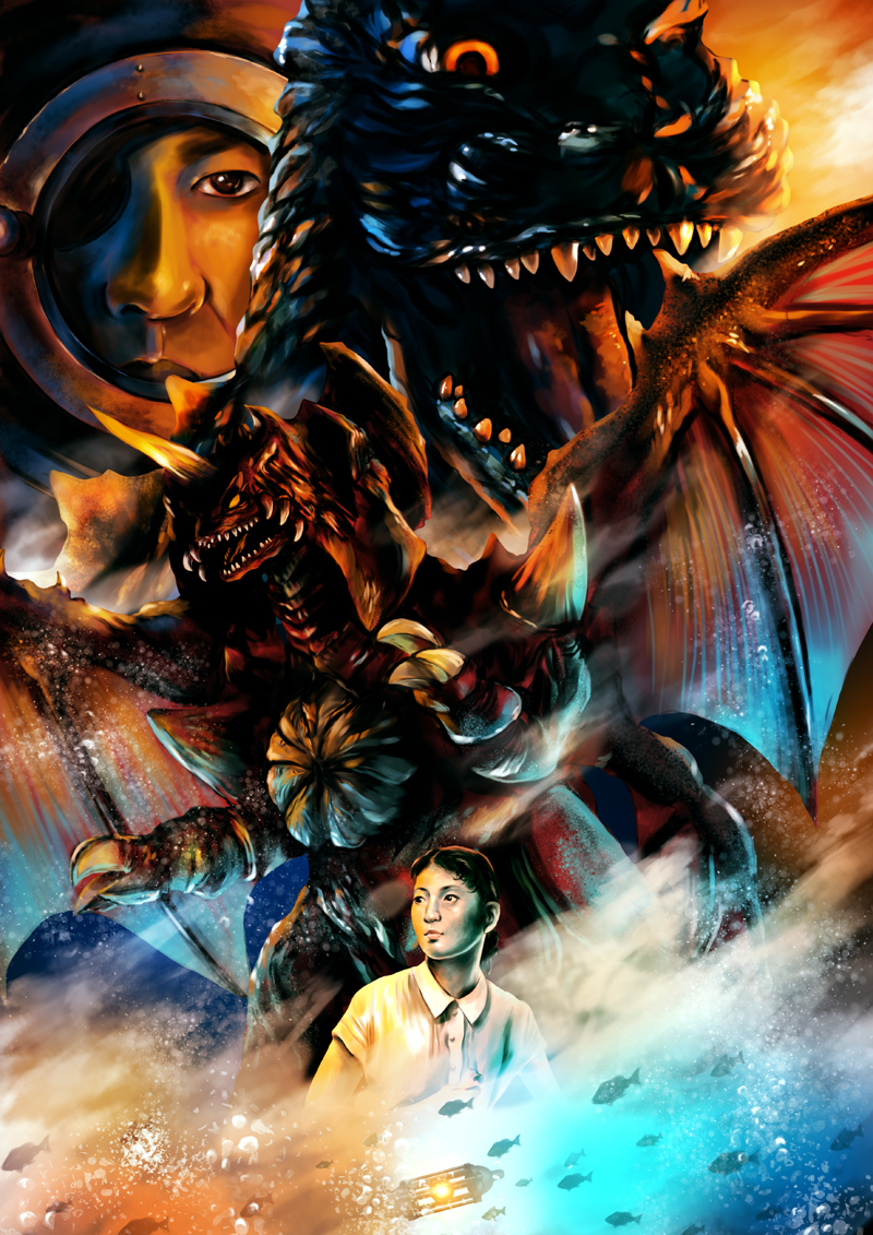 1boy 1girl bubble burning_godzilla button_shirt buttons chemical_reaction chemical_weapon chemicals destoroyah dinosaur diving_suit energy extra_wings eyepatch fish glowing glowing_eyes godzilla godzilla_(series) godzilla_vs._destoroyah horns kaiju low_wings one-eyed open_mouth orange_eyes oxygen_destroyer serizawa_daisuke sharp_teeth shiitake_mushrooms_(artist) shirt single_horn teeth toho tongue tusks water weapon weapon_of_mass_destruction white_shirt wings yamane_emiko yellow_eyes