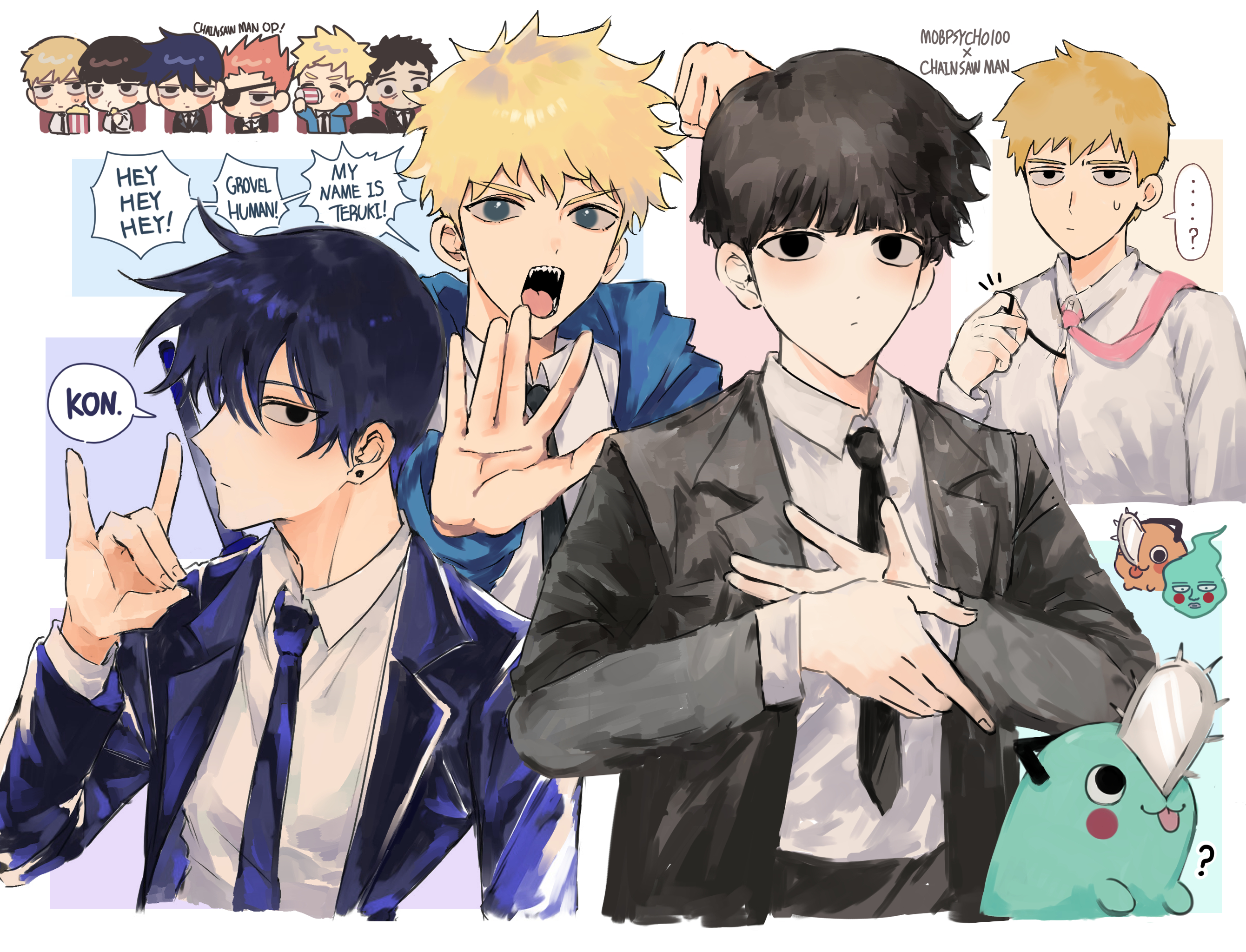... 6+boys black_hair black_necktie black_suit blonde_hair chainsaw_man clenched_hand commentary_request copyright_name cosplay drinking earrings ekubo_(mob_psycho_100) ekubo_(mob_psycho_100)_(cosplay) english_text eyepatch food formal_clothes hanazawa_teruki hayakawa_aki hayakawa_aki_(cosplay) highres hyeon_0613 jewelry kageyama_ritsu kageyama_shigeo korean_commentary makima_(chainsaw_man) makima_(chainsaw_man)_(cosplay) male_focus mob_psycho_100 multiple_boys necktie orange_hair pink_necktie pochita_(chainsaw_man) popcorn power_(chainsaw_man) power_(chainsaw_man)_(cosplay) pull_cord reigen_arataka serizawa_katsuya sharp_teeth spoken_ellipsis stud_earrings suit suzuki_shou sweatdrop sword sword_on_back teeth weapon weapon_on_back