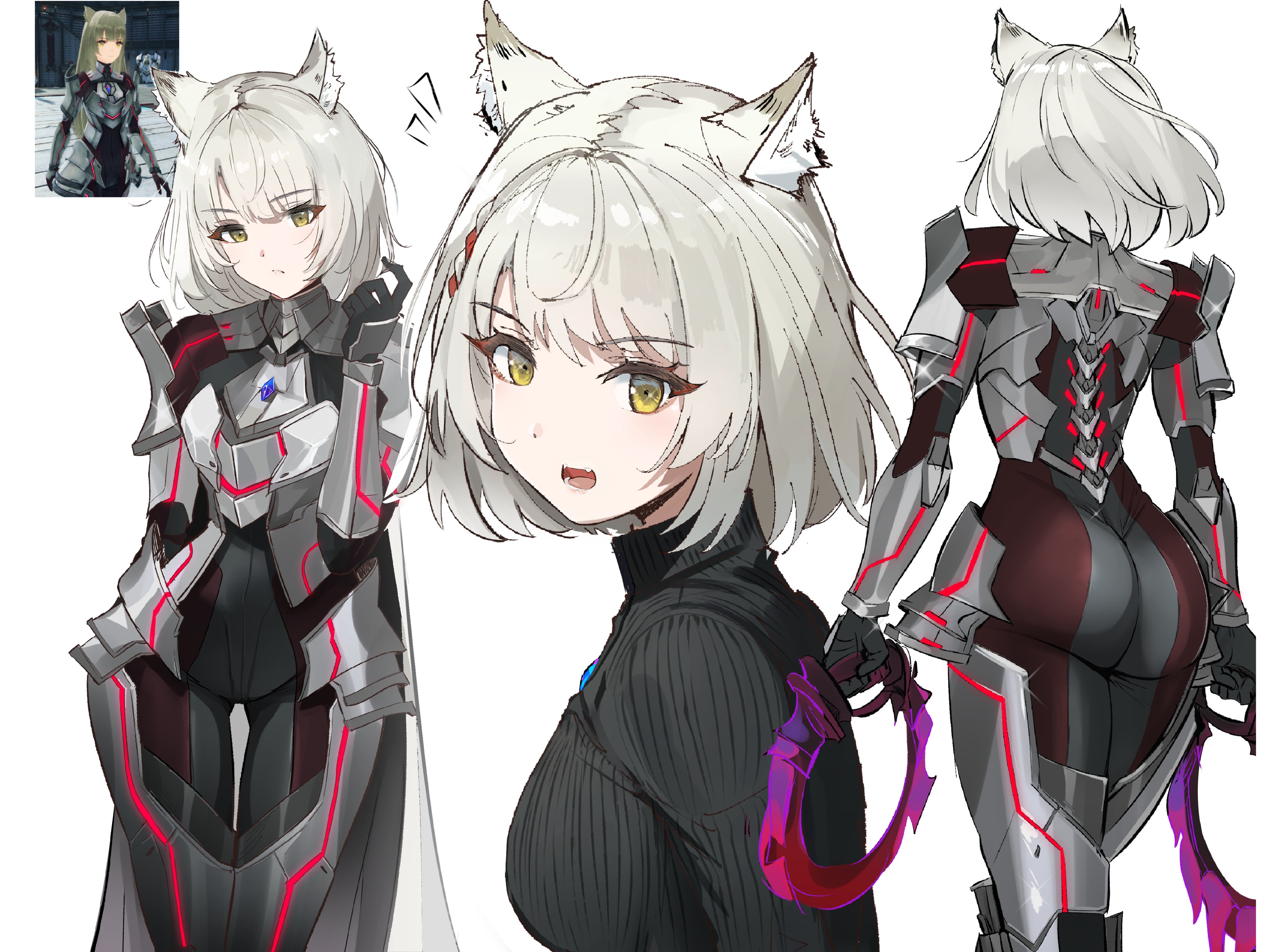 1girl absurdres animal_ear_fluff animal_ears armor ass ass_focus cat_ears chest_jewel game_screenshot_inset grey_hair highres holding holding_weapon m_(xenoblade) mio_(xenoblade) multiple_views official_alternate_costume open_mouth ormille reference_inset short_hair weapon xenoblade_chronicles_(series) xenoblade_chronicles_3 yellow_eyes