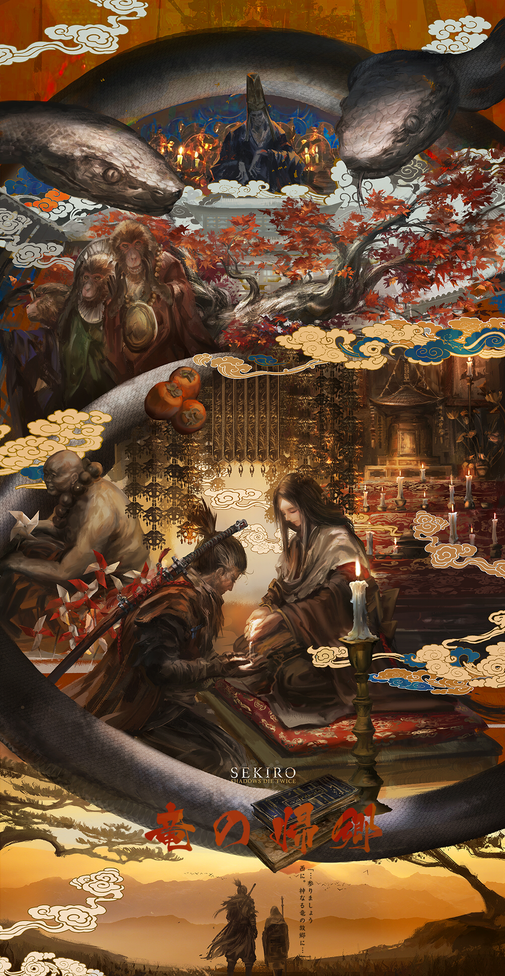 1girl 3boys animal architecture beads bird black_eyes black_hair blue_kimono blue_robe book candle capelet closed_eyes cloud commentary_request copyright_name covering_own_ears cupping_hands cushion divine_child_of_rejuvenation east_asian_architecture feet_out_of_frame flock flying folding_screen_monkeys forked_tongue giant_snake great_serpent green_robe grey_hair haori hat highres holding hood hood_up japanese_clothes katana kimono kneeling kotaro_(sekiro) looking_at_viewer looking_away looking_down maple_tree monkey multicolored_hair multiple_boys oversized_animal own_hands_together parted_bangs pinwheel ponytail pouring prayer_beads prosthesis prosthetic_arm red_robe robe scabbard scales scarf sekiro sekiro:_shadows_die_twice sheath short_hair short_ponytail sitting smile snake standing streaked_hair stu_dts sword tate_eboshi temple tongue topless_male translation_request tree weapon weapon_on_back white_capelet white_snake