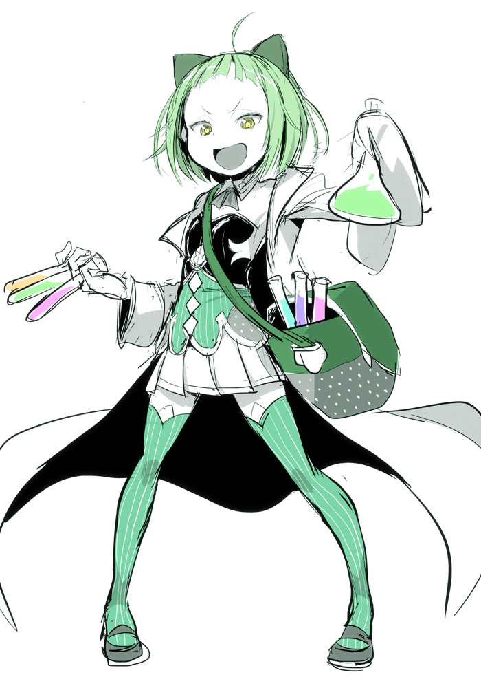 1girl :d ahoge between_fingers blunt_bangs commentary_request dress flask full_body green_bag green_eyes green_hair green_thighhighs holding holding_flask ken_(koala) lab_coat legs_apart long_sleeves looking_at_viewer magia_record:_mahou_shoujo_madoka_magica_gaiden magical_girl mahou_shoujo_madoka_magica miyako_hinano open_mouth partially_colored shoes short_hair simple_background smile solo standing thighhighs v-shaped_eyebrows white_background