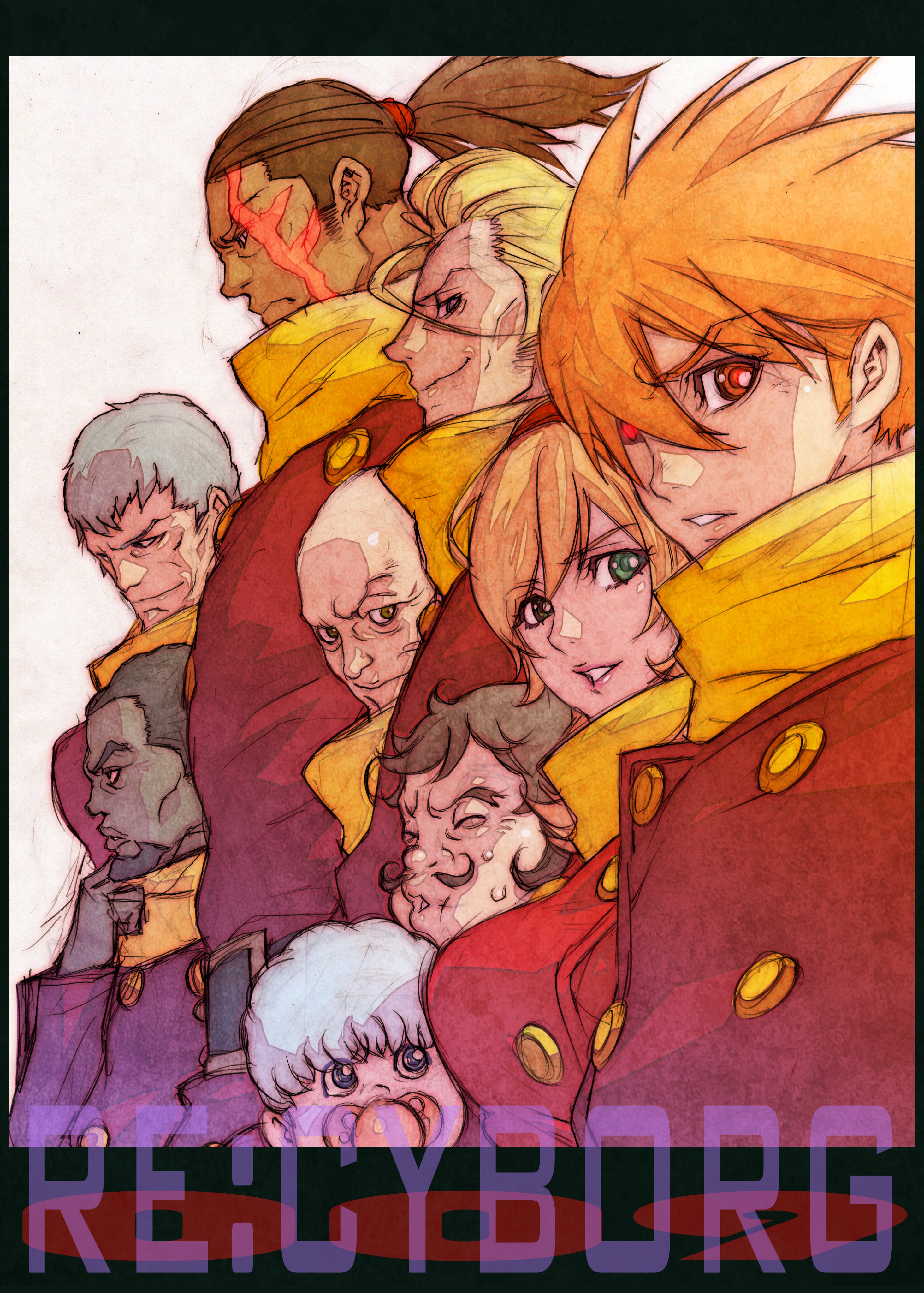 009_re:cyborg 1girl absurdres albert_heinrich chang_changku coat cyborg francoise_arnoul geronimo_jr great_britain_(cyborg_009) hair_over_one_eye highres ir ivan_whisky jet_link kotobuki_tsukasa long_hair looking_at_viewer pyunma red_coat scarf shimamura_joe short_hair yellow_scarf