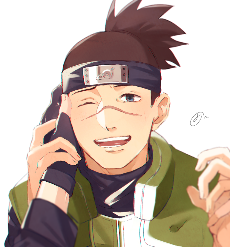1boy black_headband blue_eyes brown_hair fingerless_gloves gloves hand_on_another&#039;s_face headband looking_at_viewer male_focus mirin_(coene65) naruto_(series) one_eye_closed open_mouth ponytail pov pov_hands scar scar_on_face simple_background solo_focus teeth umino_iruka upper_body white_background