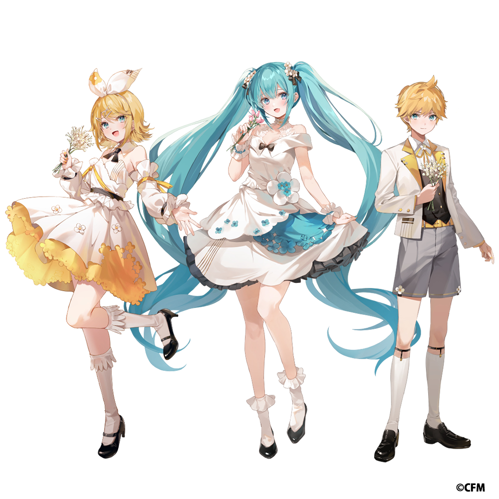 1boy 2girls :d aqua_eyes aqua_hair blazer blonde_hair bow clothes_lift copyright_name detached_sleeves dress dress_lift dress_shirt dress_shoes flower frilled_socks frills full_body hair_bow hair_flower hair_ornament hatsune_miku high_heels holding holding_flower jacket kagamine_len kagamine_rin kanda_done kneehighs lifting_own_clothes long_hair multiple_girls neck_ribbon off-shoulder_dress off_shoulder official_art open_mouth outstretched_hand ribbon shirt short_hair shorts simple_background smile socks standing standing_on_one_leg tachi-e twintails very_long_hair vocaloid white_background