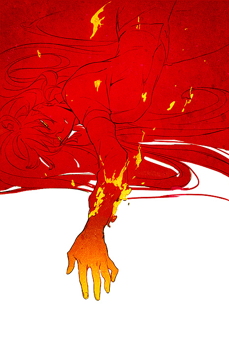 1girl amano_hana burnt_clothes female_focus fire fujiwara_no_mokou lying monochrome red_theme solo touhou