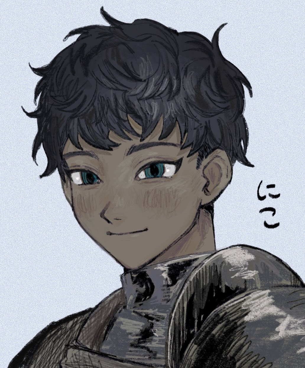 1boy armor black_hair blush closed_mouth dark-skinned_male dark_skin dungeon_meshi green_eyes highres kabru looking_at_viewer male_focus sema_(vivaviva_02) short_hair shoulder_armor simple_background smile solo