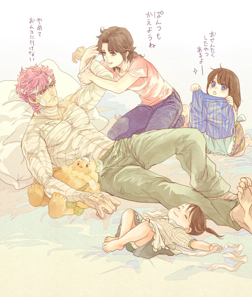 bandages bat_(hokuto_no_ken) bed blue_eyes boxers breasts brown_eyes brown_hair child closed_mouth denim father_and_daughter hokuto_no_ken if_they_mated jeans jobo_(isi88) lin_(hokuto_no_ken) male_underwear mother_and_daughter muscular open_mouth pants pillow short_hair smile underwear