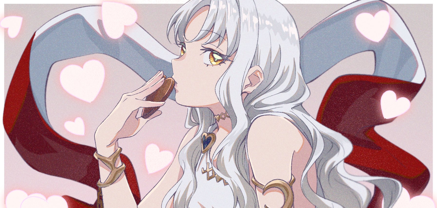 1girl applechoc armlet bare_shoulders bracelet candy caren_hortensia caren_hortensia_(amor_caren) caren_hortensia_(amor_caren)_(first_ascension) chocolate chocolate_heart commentary_request dress fate/grand_order fate_(series) food grey_hair heart heart-shaped_food highres jewelry kiss long_hair looking_at_viewer parted_lips sleeveless sleeveless_dress solo white_dress yellow_eyes