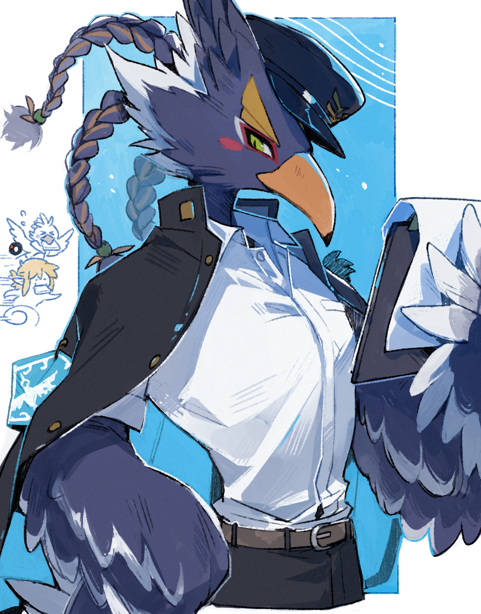 3boys beak belt belt_buckle bird_boy bird_wings black_coat black_pants blue_feathers blue_hat braid brown_belt buckle clipboard coat commentary cropped_legs eyeshadow feathers furry furry_male green_eyes hat highres holding holding_clipboard link luminous_slime makeup male_focus multiple_boys nintendo open_clothes open_coat pants red_eyeshadow revali rito shirt solo_focus symbol-only_commentary the_legend_of_zelda the_legend_of_zelda:_breath_of_the_wild tulin_(zelda) white_shirt wings