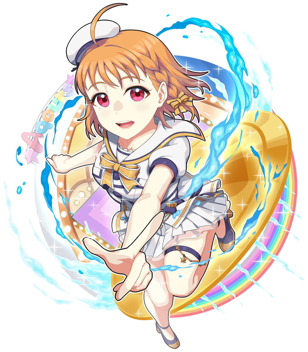 1girl ahoge birthday braid breasts group_name hat highres looking_at_viewer love_live! love_live!_sunshine!! medium_breasts miniskirt orange_hair pointing red_eyes short_hair short_sleeves side_braid skirt solo takami_chika waste-man