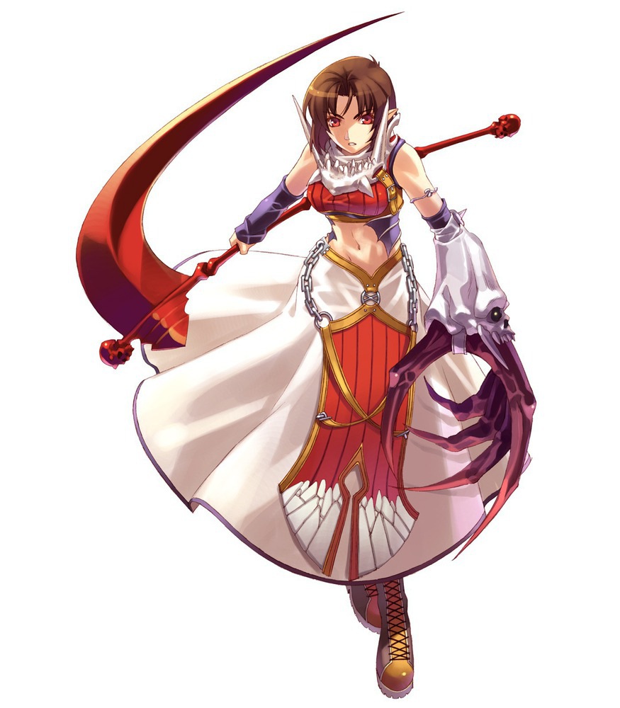 1girl armlet armor armored_dress boots breasts brown_hair buckle chain claws dress female_focus full_body hirano_katsuyuki hiro_(spectral_force) holding_behind_back holding_polearm holding_polearm_behind_back holding_weapon holding_weapon_behind_back jewelry lace-up_boots medium_breasts midriff navel official_art polearm red_eyes scythe short_hair solo spectral_(series) spectral_force spectral_souls spectral_vs_generation tabard white_background