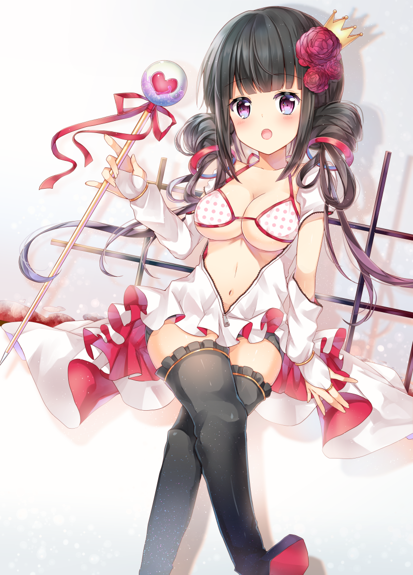 1girl :o bad_id bad_pixiv_id bikini bikini_top_only black_hair black_thighhighs blunt_bangs blush bridal_gauntlets brown_hair collarbone commentary_request crossed_legs crown dress female_focus fingernails flower frilled_thighhighs frills gradient_hair hair_flower hair_ornament hand_up heart holding holding_wand long_hair looking_at_viewer mini_crown multicolored_hair open_mouth original polka_dot polka_dot_bikini polka_dot_bikini_top red_eyes red_flower red_rose rose shikino_(sikinonono) simple_background solo swimsuit thighhighs unzipped very_long_hair wand white_bikini white_dress