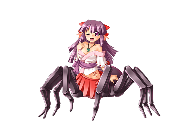 arthropod_girl arthropod_limbs bare_shoulders bow dress hair_ribbon insect_girl japanese_clothes jewelry long_hair magatama magatama_necklace maya_(mon-musu_quest!) miko mon-musu_quest! mon-musu_quest:_paradox monster_girl necklace nekomanma_(byougatei) non-web_source one_eye_closed open_mouth purple_bow purple_eyes purple_hair red_ribbon red_skirt ribbon short_sleeves skirt spider_girl stomach_tattoo tattoo taur white_background white_dress