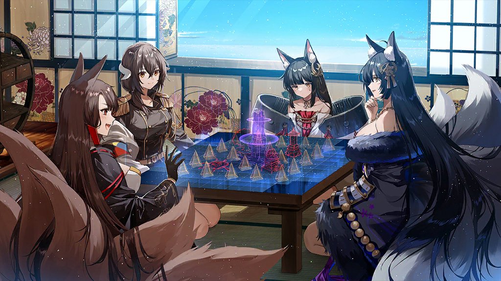 4girls akagi_(azur_lane) animal_ear_fluff animal_ears artist_request azur_lane black_gloves black_hair black_kimono black_tail breasts brown_hair brown_jacket brown_tail buttons curled_horns day double-breasted dress epaulettes flat_chest fox_ears fox_tail fur-trimmed_kimono fur_trim gloves gold_trim hair_between_eyes hair_ornament half_gloves holographic_interface horns indoors jacket japanese_clothes jewelry kimono kitsune kyuubi large_breasts loading_screen long_hair long_sleeves low_neckline magatama magatama_necklace mikasa_(azur_lane) military military_uniform multiple_girls multiple_tails musashi_(azur_lane) nagato_(azur_lane) necklace official_art red_dress short_hair sleeveless sleeveless_dress tail third-party_source two-tone_tail very_long_hair white_dress white_tail wide_sleeves yellow_eyes z_flag