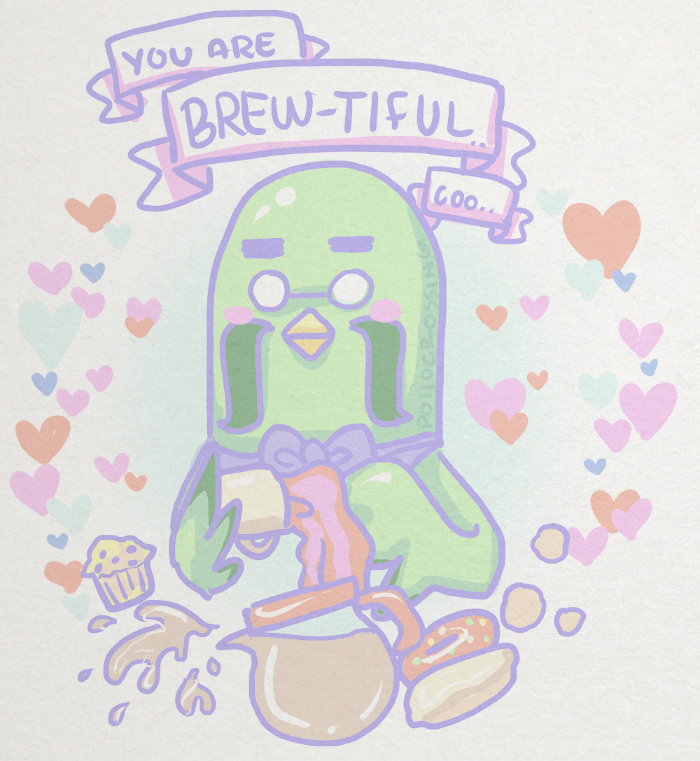 1boy animal_crossing brewster_(animal_crossing) coffee_pot donut english_text food grey_background heart looking_at_viewer muffin nintendo pastel_colors poyochan simple_background valentine_card