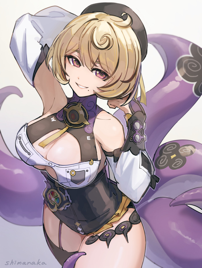 1girl accessories arm_behind_head arm_up armpits artist_name asymmetrical_shorts bare_shoulders black_bow blonde_hair bow breasts cleavage commentary_request detached_sleeves grin hair_between_eyes hat high-waist_shorts large_breasts looking_at_viewer mole mole_under_mouth monster_girl octopus purple_eyes scylla shimanaka_(shimanaka_sushi) short_hair shorts single_thighhigh smile solo spiral sticker teeth tentacle_girl tentacle_tail tentacles thighhighs white_background yidhari_murphy zenless_zone_zero