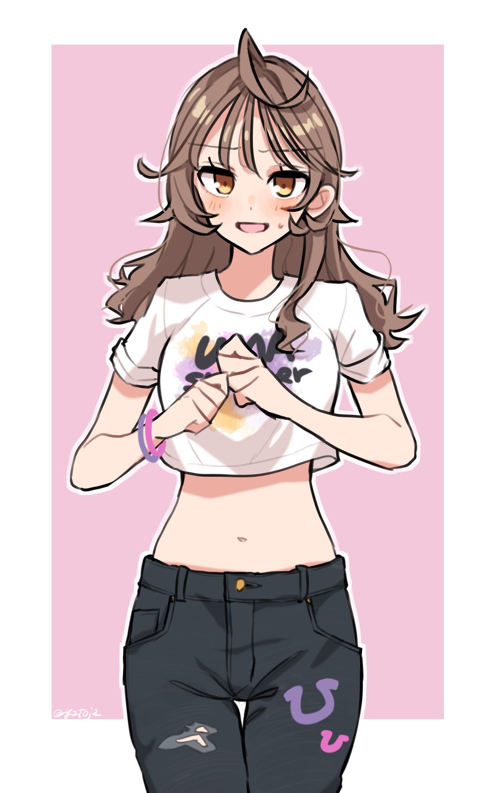 1girl ahoge black_pants blush bracelet breasts brown_hair cowboy_shot crop_top female_trainer_(umamusume) highres jewelry long_hair looking_at_viewer midriff navel open_mouth pants shirt sleeves_rolled_up small_breasts smile solo sweatdrop toji_(y2toj2) trainer_(umamusume) uma_summer_(umamusume) umamusume white_shirt yellow_eyes
