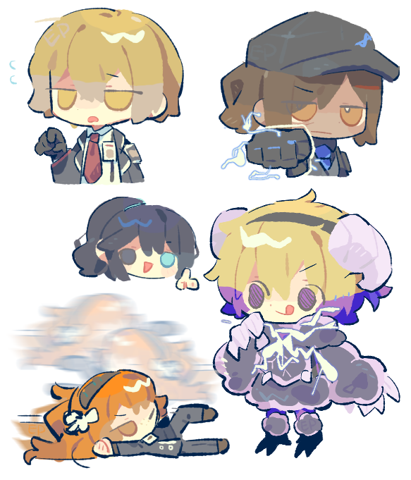 2boys 3girls bad_id bad_twitter_id black_hair black_hairband black_jacket blonde_hair brown_eyes brown_hair collared_shirt don_quixote_(project_moon) e.g.o_(project_moon) electric_screaming_(e.g.o) epipip hairband half_updo hong_lu_(project_moon) horns id_card ishmael_(project_moon) jacket limbus_company long_hair looking_at_viewer multiple_boys multiple_girls necktie open_mouth orange_eyes orange_hair outis_(project_moon) ponytail project_moon punching purple_eyes purple_hair red_necktie sheep_horns shirt short_hair simple_background sinclair_(project_moon) sliding very_long_hair white_background white_shirt yellow_eyes