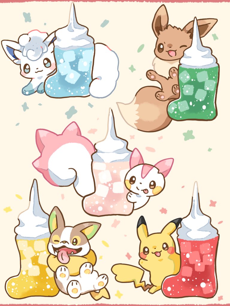 alolan_form alolan_vulpix alternate_color animal_focus blue_eyes bright_pupils brown_eyes commentary_request cup eevee game_freak gen_1_pokemon gen_4_pokemon gen_7_pokemon gen_8_pokemon green_eyes ice kana_(maple926) nintendo no_humans one_eye_closed open_mouth pachirisu pikachu pokemon pokemon_(creature) shiny_pokemon smile tongue tongue_out white_pupils yamper