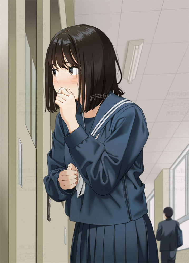 1girl blue_sailor_collar blue_serafuku blue_shirt blue_skirt blush brown_eyes brown_hair commentary hallway hand_to_own_mouth mattaku_mousuke medium_hair original peeking pleated_skirt sailor_collar school_uniform serafuku shirt skirt solo_focus