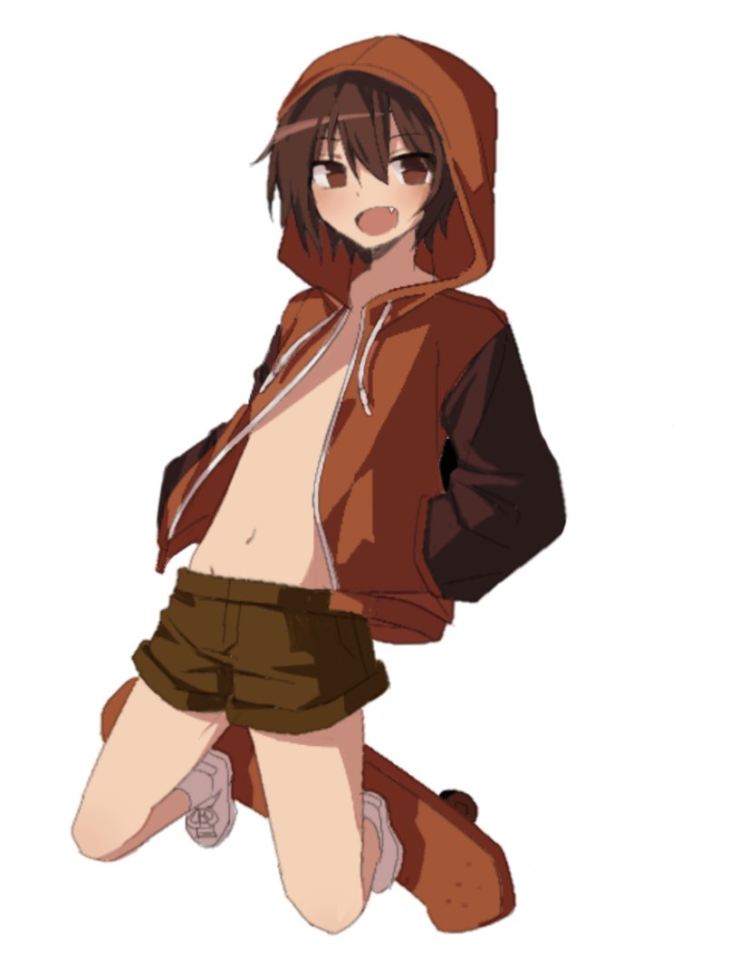 1boy brown_eyes brown_hair brown_shorts debakshotgun0 fang full_body gwak_jun-hyeong hair_between_eyes hands_in_pockets hood hood_up hooded_jacket hoodie jacket looking_at_viewer navel open_clothes open_jacket open_mouth shoes shorts simple_background skateboard smile socks solo white_background zombie_high_school