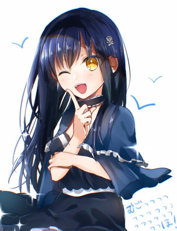 1girl 2020 ;d black_camisole black_choker black_hair black_hairband black_skirt blue_capelet blush bone_hair_ornament camisole capelet choker commentary_request cowboy_shot dated_commentary frilled_capelet frilled_choker frills hair_ornament hairband hand_up happy index_finger_raised kushima_kamome long_hair looking_at_viewer one_eye_closed open_mouth ringed_eyes simple_background skirt skull_and_crossbones skull_hair_ornament smile solo sparkle straight_hair summer_pockets teeth translated upper_teeth_only very_long_hair white_background yellow_eyes zuzuhashi