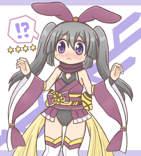 !? 1girl :&lt; adapted_costume alternate_costume animal_ears bad_id bad_twitter_id bare_shoulders black_leotard blush closed_mouth detached_sleeves embarrassed fake_animal_ears grey_hair hair_between_eyes hairband hands_up japanese_clothes leotard long_hair long_sleeves looking_at_viewer magia_record:_mahou_shoujo_madoka_magica_gaiden mahou_shoujo_madoka_magica nose_blush obi purple_background purple_eyes purple_hairband rabbit_ears reverse_(bluefencer) sash scarf solo spoken_interrobang standing star_(symbol) thighhighs tokime_shizuka twintails very_long_hair white_background white_thighhighs wide_sleeves