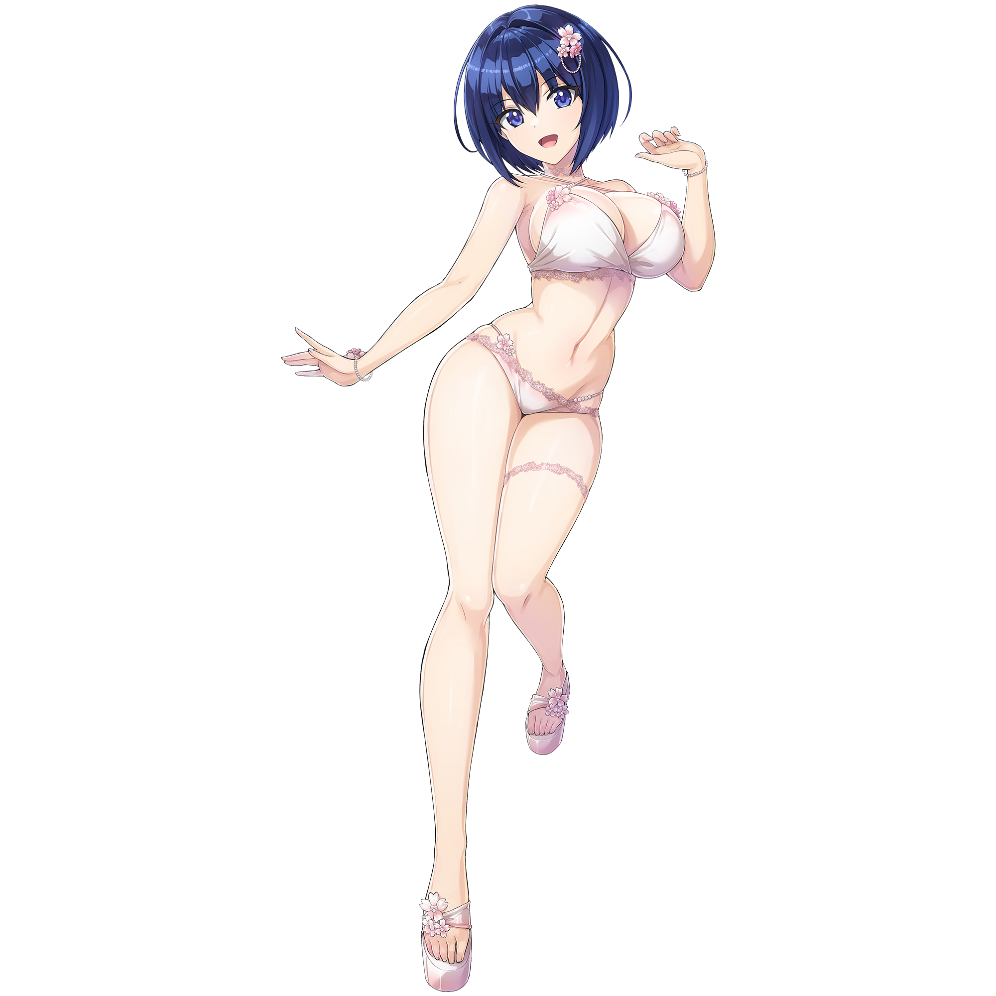 1girl bikini blue_eyes blue_hair bracelet breasts choker cleavage dolphin_wave flower flower_hairpin game_cg highres jewelry lace lace-trimmed_bikini lace_trim large_breasts looking_at_viewer navel non-web_source official_art ootomo_takuji open_mouth pink_bikini pink_choker pink_flower pink_sandals sandals short_hair smile sprite_art swimsuit thigh_strap tojou_michiru transparent_background