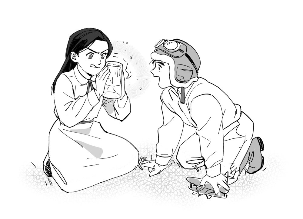 1boy 1girl aged_down aviator_cap battle_tendency child concentrating cup determined dress electricity george_joestar_ii greyscale hakmonss holding holding_cup jojo_no_kimyou_na_bouken kneeling lisa_lisa monochrome toy_airplane toy_airplane