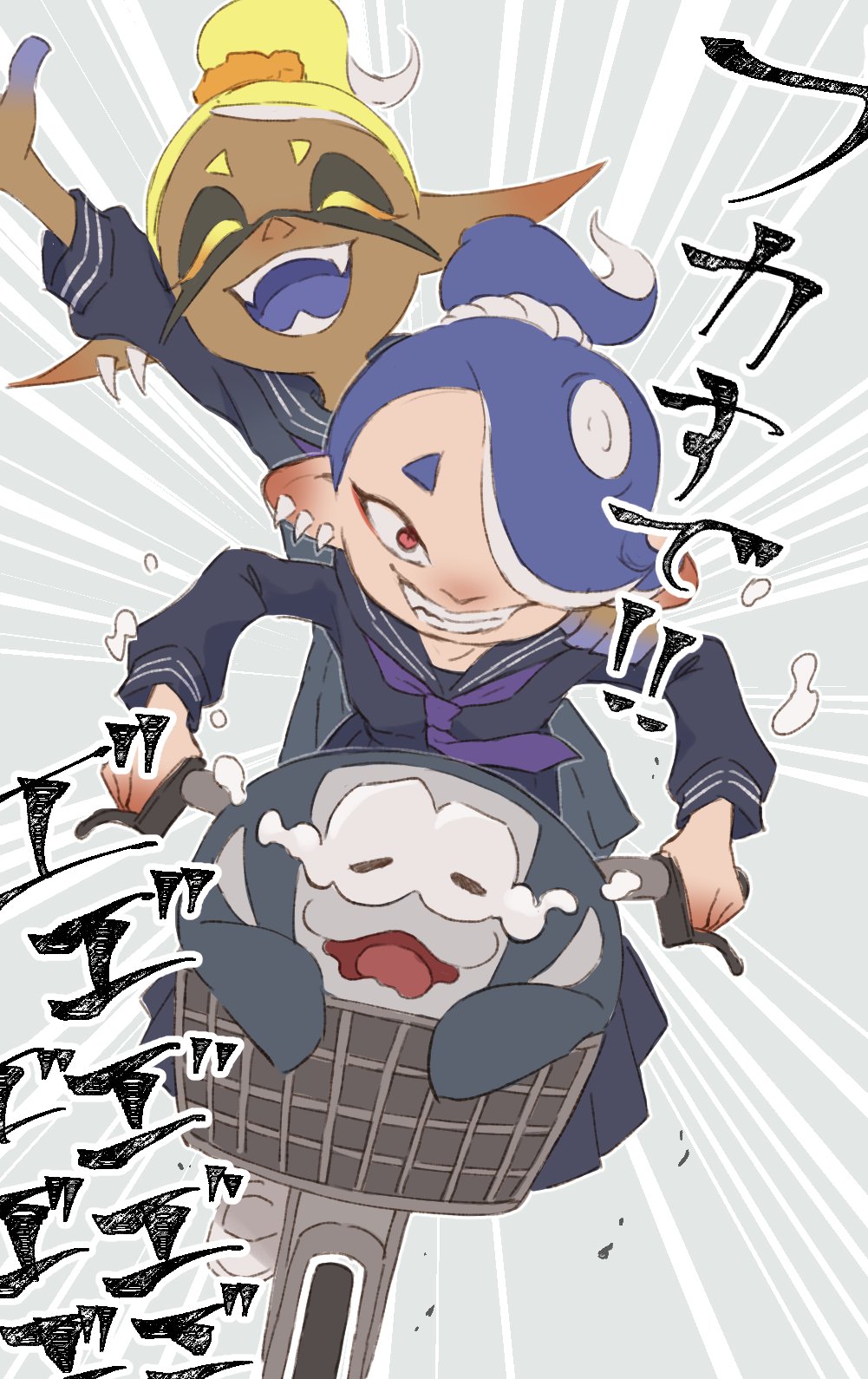1boy 2girls :d ^_^ arm_up bicycle bicycle_basket big_man_(splatoon) big_man_(young)_(splatoon) black_sailor_collar black_serafuku blonde_hair blue_hair blue_skin blue_tongue closed_eyes colored_eyelashes colored_skin colored_tongue dark-skinned_female dark_skin earrings emphasis_lines eyeliner frye_(splatoon) frye_(young)_(splatoon) gradient_skin grin hair_over_one_eye highres inkling jewelry long_pointy_ears long_sleeves makeup multicolored_skin multiple_earrings multiple_girls necktie nintendo octoling open_mouth pointy_ears ponytail purple_necktie red_eyeliner red_eyes riding riding_bicycle sailor_collar school_uniform serafuku shiver_(splatoon) shiver_(young)_(splatoon) short_eyebrows short_hair smile splatoon_(series) splatoon_3 suction_cups tears teeth teo_(teorekka) tooth_earrings two-tone_skin wavy_mouth