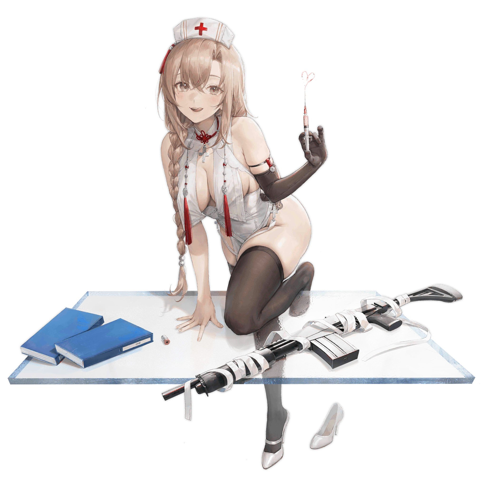 1girl arm_support bandages bare_shoulders binder black_gloves black_thighhighs blush braid breast_curtains breasts brown_eyes cleavage cross cross_necklace douya_(233) dress elbow_gloves full_body girls'_frontline gloves gun hair_between_eyes hair_over_shoulder has_bad_revision has_censored_revision hat heart high_heels highres holding holding_syringe jewelry knee_up large_breasts leg_support licking_lips light_brown_hair long_hair looking_at_viewer magazine_(weapon) necklace no_panties nurse_cap official_alternate_costume official_art parted_lips shelf shell_casing shoes shotgun simple_background single_glove single_shoe skindentation sleeveless sleeveless_dress smile solo standing standing_on_one_leg syringe tassel teeth thighhighs third-party_source tongue tongue_out transparent_background type_97_shotgun type_97_shotgun_(girls'_frontline) type_97_shotgun_(truth_serum_abuser)_(girls'_frontline) unworn_shoe upper_teeth_only weapon white_dress white_hat white_shoes