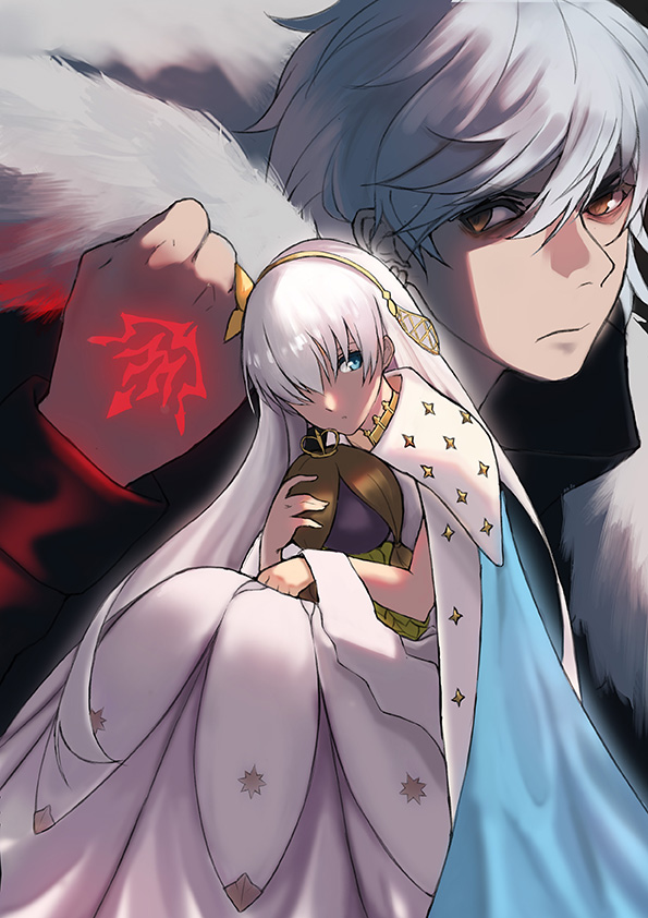 1boy 1girl anastasia_(fate) bags_under_eyes black_background black_cloak blue_cape blue_eyes brown_eyes cape cloak closed_mouth command_spell commentary_request doll dress ear_piercing fate/grand_order fate_(series) fur-trimmed_cape fur-trimmed_jacket fur_trim grey_hair hair_between_eyes hair_ornament hair_over_one_eye hairband hand_tattoo holding holding_doll jacket jewelry kadoc_zemlupus long_dress long_sleeves looking_at_viewer neck_ring hugging_object piercing pixiv_fate/grand_order_contest_2 royal_robe s.w short_hair sitting tattoo viy_(fate) white_dress