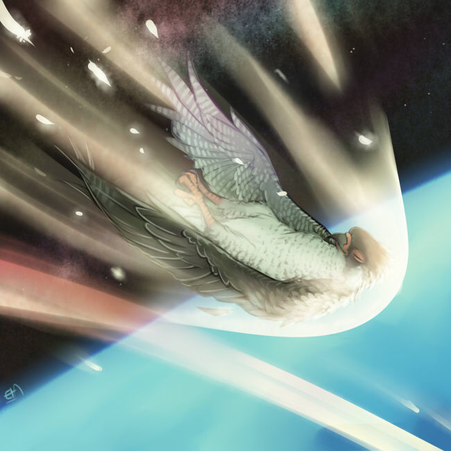 animal_focus animalization atmospheric_entry aura bird burning closed_eyes earth_(planet) embers energy era_(traveling_bird) falcon falling fire fishball friction_burn glowing hayabusa_(spacecraft) heat no_humans original planet plasma pun solo space spacecraft