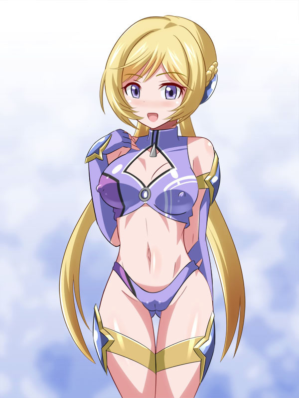 1girl bare_shoulders blonde_hair blush breasts cameltoe covered_erect_nipples female_focus heigako long_hair looking_at_viewer melua_melna_meia navel open_mouth purple_eyes smile solo standing super_robot_wars super_robot_wars_j super_robot_wars_judgement super_robot_wars_original_generation thigh_gap twintails