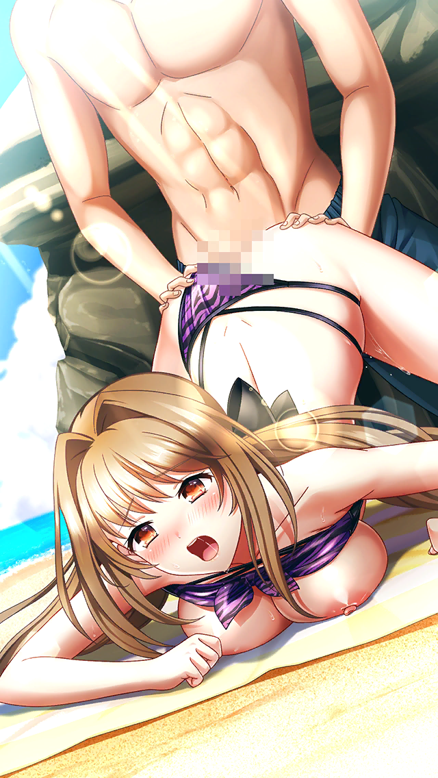 1boy 1girl bare_arms bare_legs bikini bikini_bottom_aside bikini_top_lift black_bow bow breast_press breasts brown_eyes brown_hair censored clothes_lift clothing_aside collarbone dimples_of_venus doukyuusei_(series) doukyuusei_another_world game_cg grabbing_another&#039;s_ass groping hair_bow hair_intakes hetero kakyuusei_(series) kakyuusei_2 large_breasts lens_flare long_hair low_twintails male_swimwear mosaic_censoring nipples official_art open_mouth outdoors print_bikini purple_bikini pussy_juice saimon_tamaki saliva saliva_trail sex sex_from_behind solo_focus swimsuit twintails very_long_hair