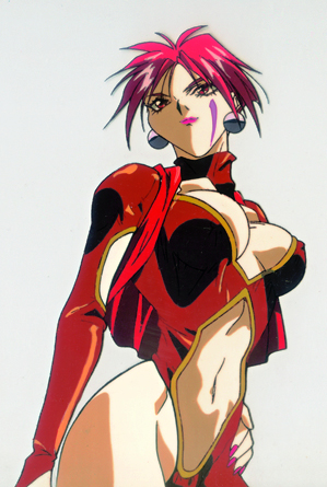 1990s_(style) 1girl breasts cel cleavage covered_erect_nipples fatal_fury fatal_fury:_the_motion_picture female_focus lipstick lowres makeup oobari_masami panni_(fatal_fury) pink_hair production retro_artstyle snk solo spandex