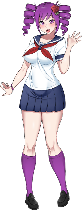 1girl black_shoes blush bracelet breasts commentary drill_hair english_commentary flower hair_flower hair_ornament jewelry kateluvcatz kokona_haruka_(yandere_simulator) light_blush medium_breasts official_art parted_lips purple_eyes purple_hair purple_thighhighs red_flower school_uniform serafuku shoes skirt solo teeth thighhighs twin_drills upper_teeth_only waving waving_hands yandere_simulator zettai_ryouiki
