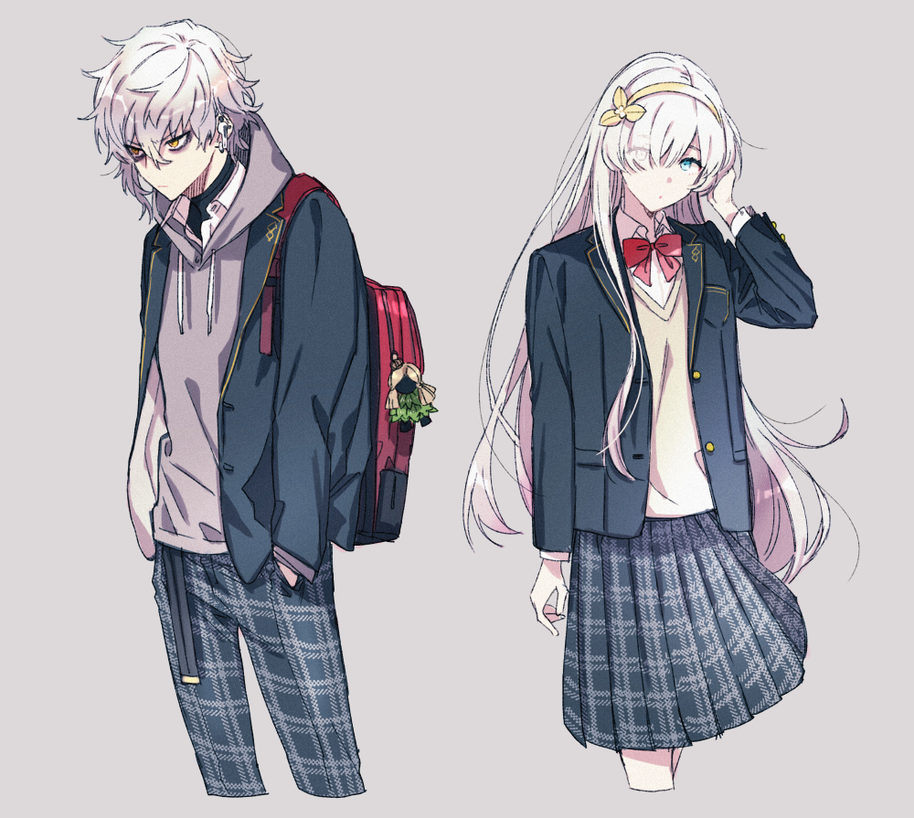 1boy 1girl alternate_costume anastasia_(fate) arm_at_side backpack bag bags_under_eyes black_shirt blue_eyes blue_jacket blue_pants blue_skirt bow bowtie chaldea_logo charm_(object) closed_mouth cropped_legs drawstring earbuds earphones earrings fate/grand_order fate_(series) gold_hairband gold_trim grey_background grey_hair grey_hoodie hair_between_eyes hair_over_one_eye hairband hand_in_own_hair hand_in_pocket hand_up hood hoodie jacket jewelry kadoc_zemlupus long_hair long_sleeves looking_ahead looking_at_viewer open_clothes open_jacket pants plaid_clothes plaid_pants plaid_skirt pleated_skirt red_bag red_bow red_bowtie school_uniform shirt short_hair side-by-side simple_background skirt sweater turtleneck turtleneck_shirt viy_(fate) wani_(mezo) white_hair white_shirt yellow_eyes yellow_sweater