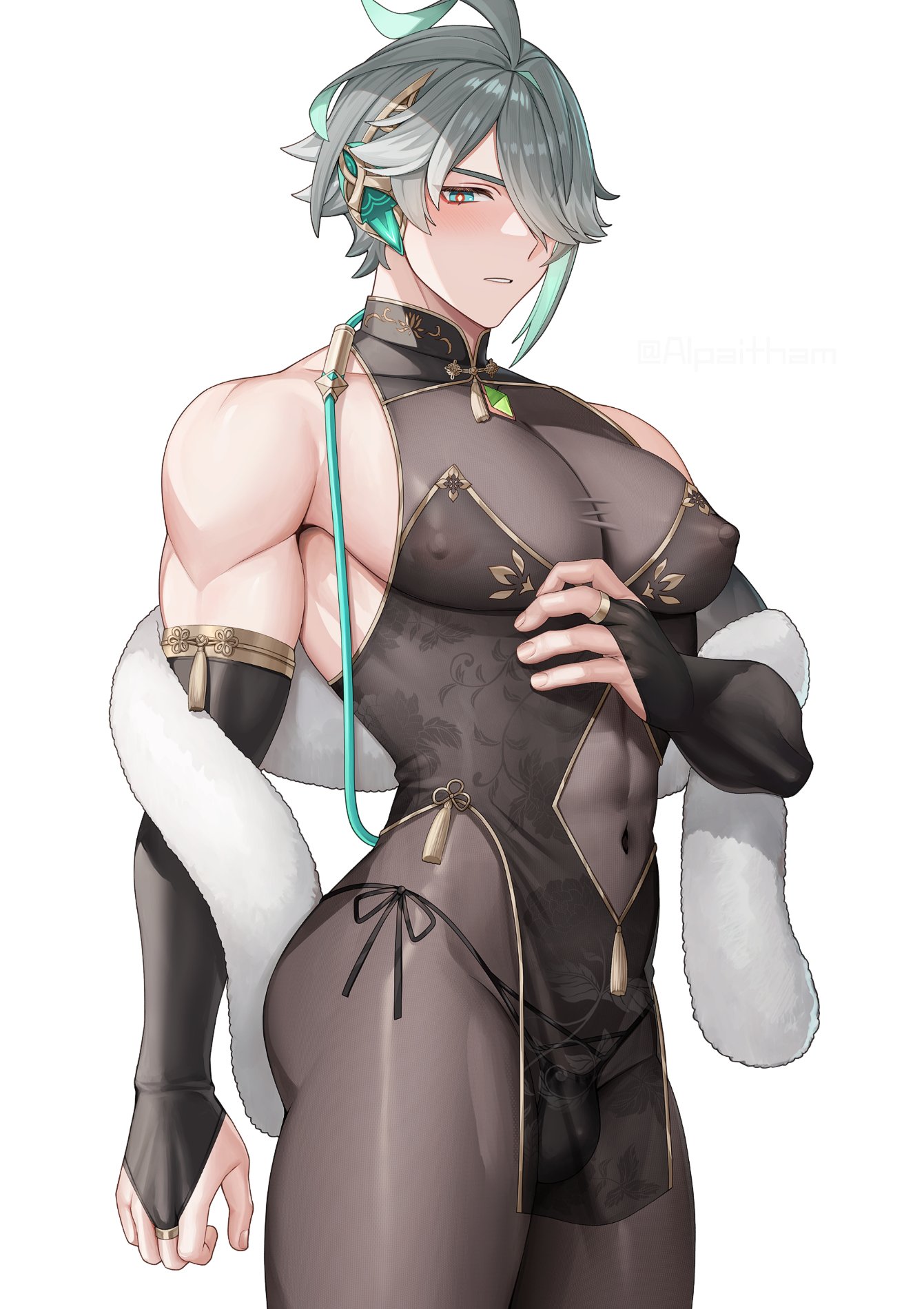 1boy abs alhaitham_(genshin_impact) alpaitham aqua_eyes aqua_hair black_bodysuit black_dress black_gloves black_male_underwear black_pantyhose black_sleeves blush bodysuit bulge china_dress chinese_clothes closed_mouth dress fingerless_gloves gem genshin_impact gloves green_gemstone grey_hair hair_between_eyes hair_over_one_eye highres jewelry looking_at_viewer male_focus male_underwear multicolored_hair muscular muscular_male navel nipples pantyhose short_hair solo stomach underwear white_background
