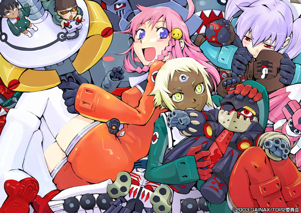 00s 2003 2boys 3girls blush boots breasts casio_takashirou chibi chiko dark-skinned_female dark_skin gainaxtop gloves jewelry konchiki lal&#039;c_mellk_mal long_hair mecha multiple_boys multiple_girls nichola_vacheron nono_(top_wo_nerae_2!) open_mouth pink_hair purple_hair red_footwear red_gloves robot romper sailor_collar shoes short_hair small_breasts smile thigh_boots thighhighs thumb_hole top_wo_nerae!_(series) top_wo_nerae_2! twintails tycho_science white_footwear yellow_eyes