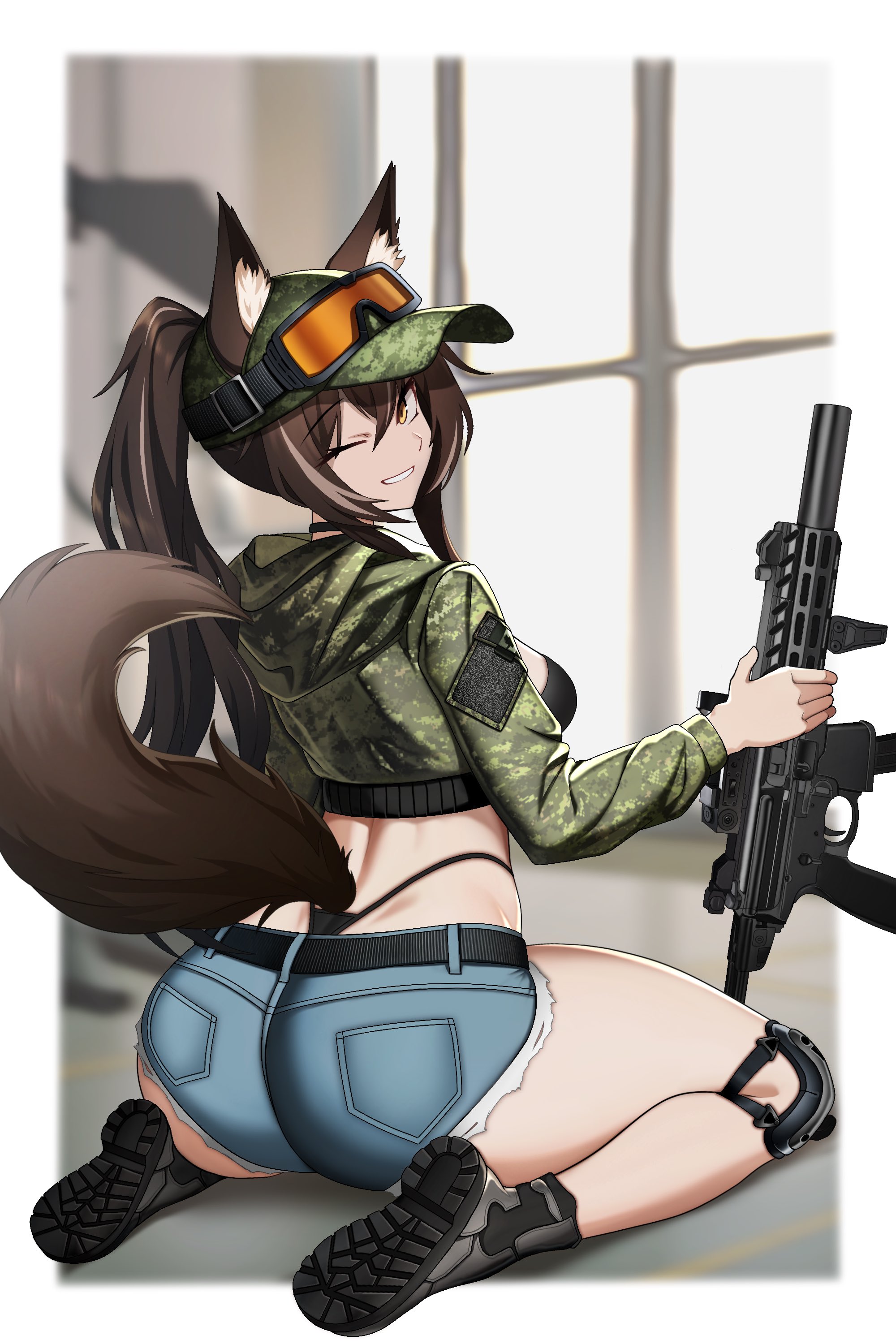 1girl absurdres animal_ear_fluff animal_ears ass black_panties brown_eyes brown_hair cadpat callisto_(greyeth) camouflage camouflage_jacket cero_(last2stage) crop_top cropped_jacket denim denim_shorts fox_ears goggles goggles_on_headwear gun hat highleg highleg_panties highres jacket knee_pads one_eye_closed original panties short_shorts shorts sig_mpx sig_sauer smile submachine_gun underwear weapon whale_tail_(clothing)