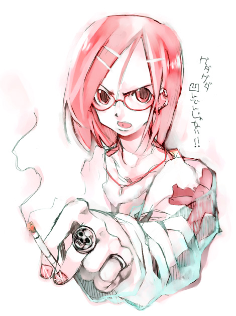 1girl bad_id between_fingers cigarette commentary_request earrings fingernails glasses hair_ornament hairclip holding holding_cigarette jewelry kei_(keigarou) long_sleeves monochrome multiple_earrings nail_art nanako_(kei) necklace open_mouth original piercing pink_theme ring short_hair simple_background smoke solo tongue_piercing translation_request upper_body v-shaped_eyebrows white_background