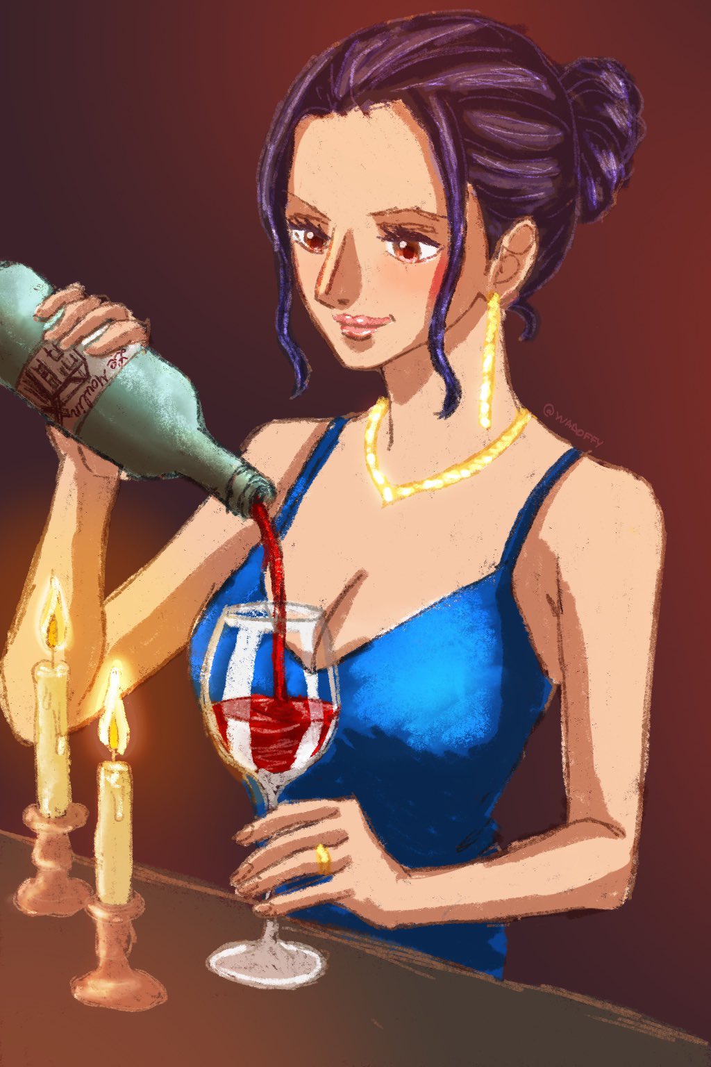 1girl black_hair blue_dress bottle breasts candle cleavage closed_mouth commentary cup dress english_commentary eyelashes hair_bun highres holding holding_bottle holding_cup jewelry lone_nape_hair necklace nico_robin one_piece pink_lips ring sidelocks smile solo upper_body wadoffy