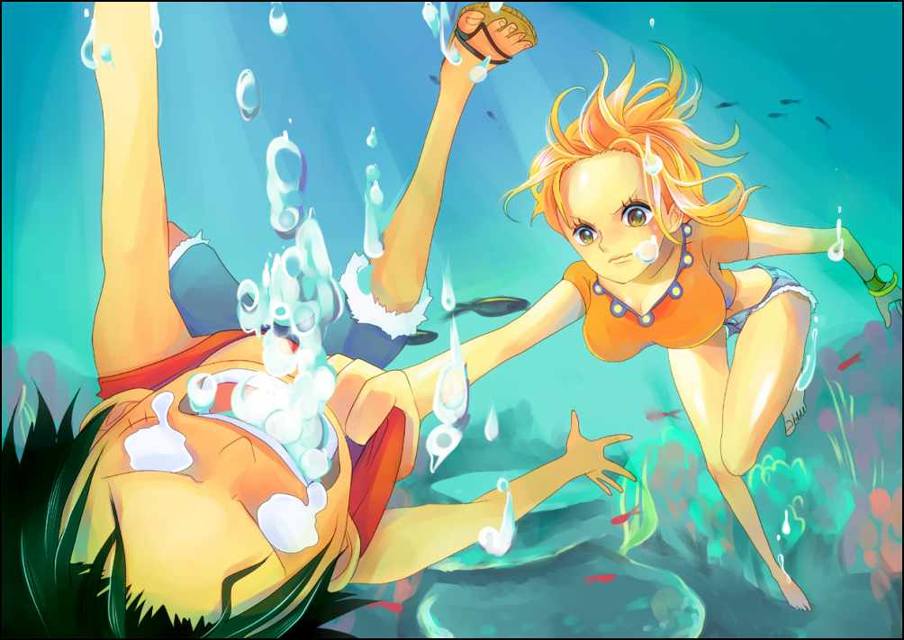 asphyxiation compass devil_fruit drowning feet himerinco log_pose long_legs monkey_d._luffy nami_(one_piece) o_o one_piece orange_hair thighs underwater water