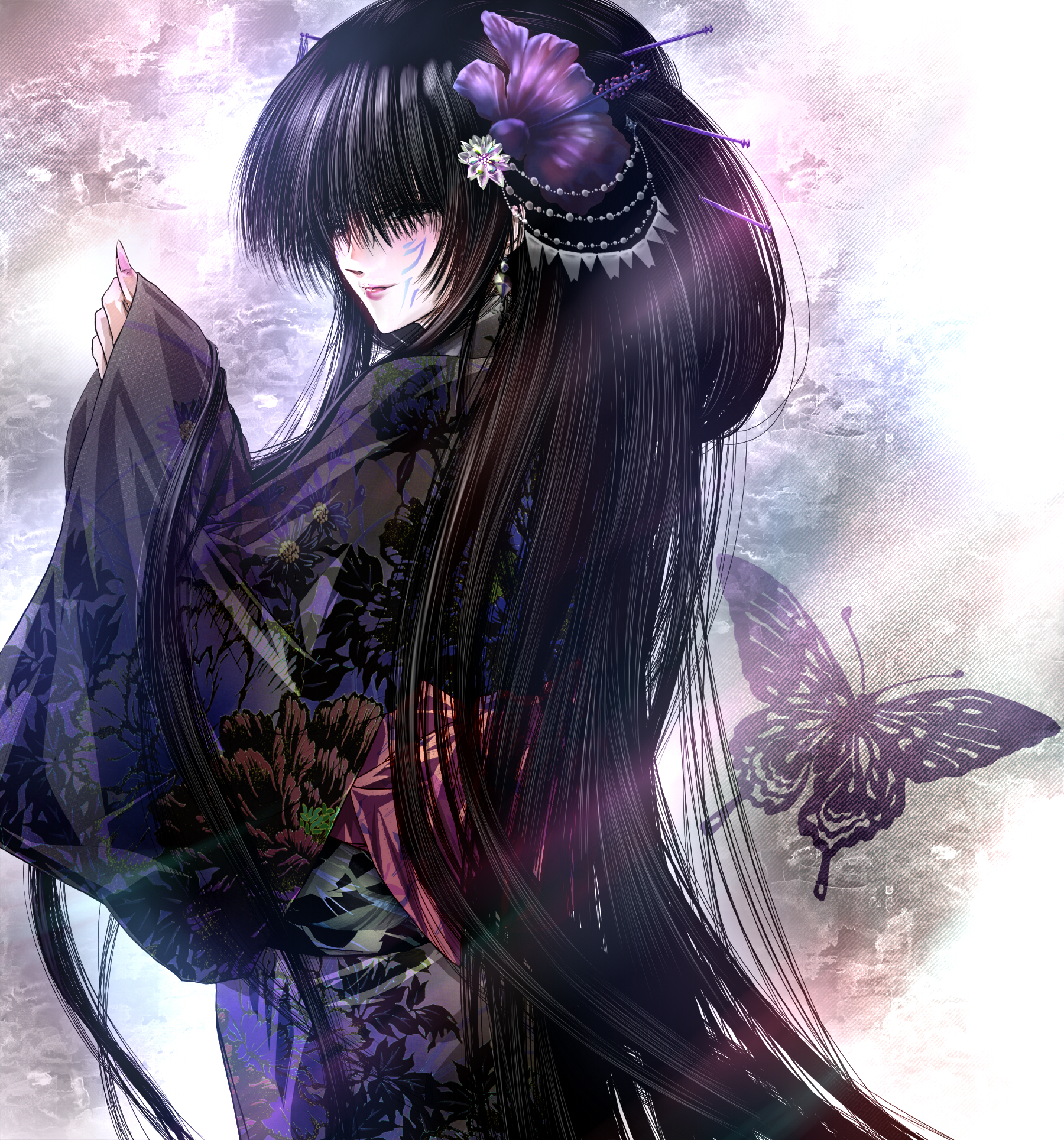 1girl animal_print auge_(akd) black_hair bug butterfly butterfly_print floral_print flower hagoromo_gitsune hair_flower hair_ornament hair_over_eyes highres insect japanese_clothes kimono long_hair long_sleeves looking_at_viewer nurarihyon_no_mago print_kimono solo very_long_hair wide_sleeves