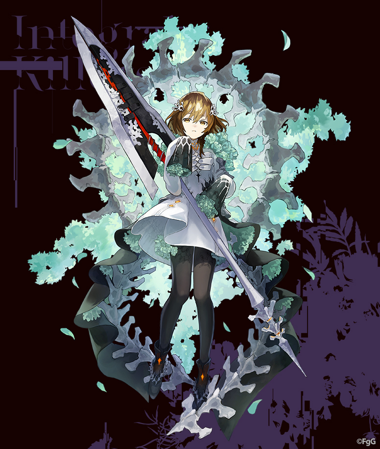 1girl black_background black_footwear black_pantyhose brown_eyes brown_hair commentary_request dress flower full_body green_flower green_petals hair_ornament holding holding_polearm holding_weapon integral_killer_(phantom_of_the_kill) longinus_(phantom_of_the_kill) looking_at_viewer medium_hair official_alternate_costume official_art pantyhose phantom_of_the_kill pigeon-toed polearm purple_background second-party_source simple_background sleeves_past_fingers sleeves_past_wrists solo spear standing straight-on two-tone_background watarubou weapon white_dress