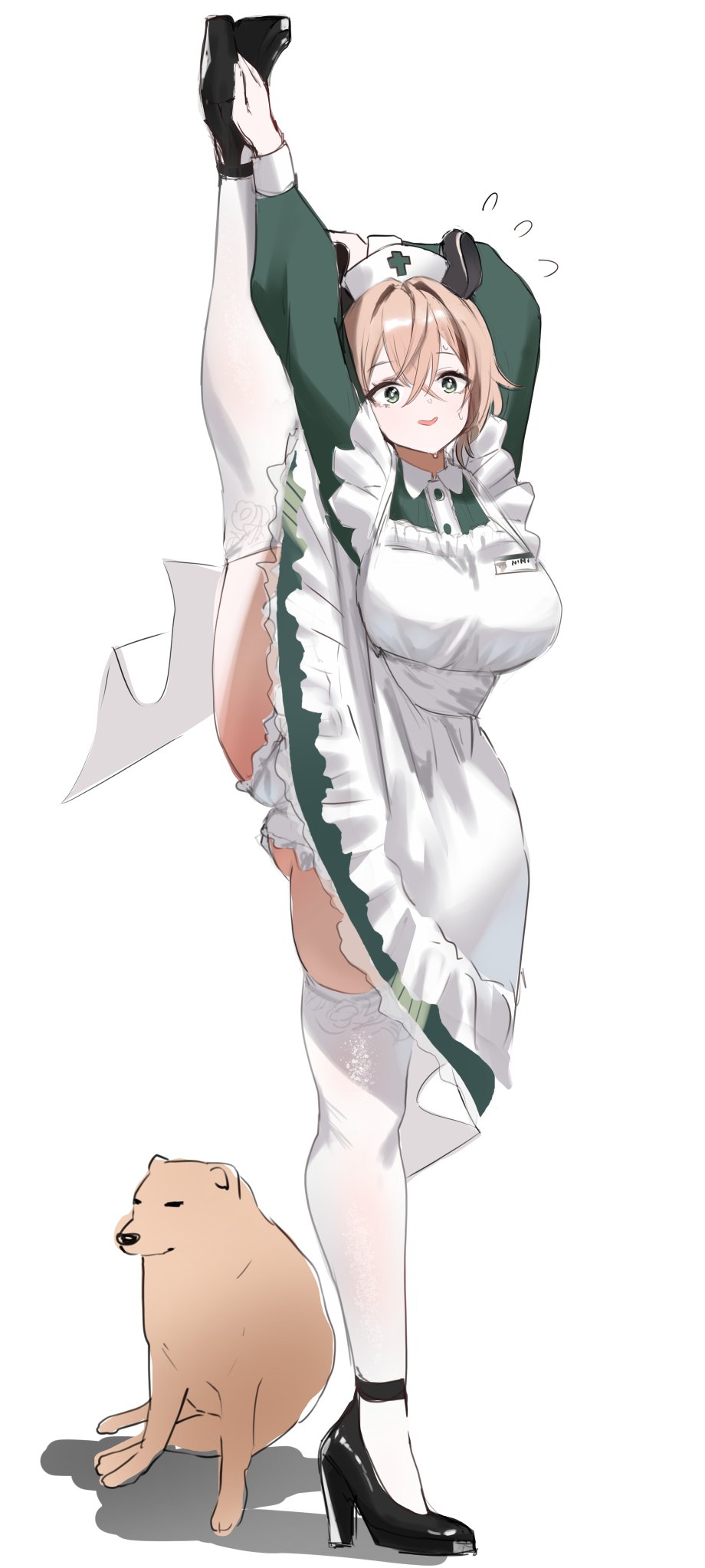 1girl animal_ears apron black_shoes breasts brown_hair cheemsburger_(doge) dog dress flexible green_dress green_eyes hair_between_eyes hat highres holding_own_leg indie_virtual_youtuber kneepits large_breasts leg_hold leg_lift leg_up long_sleeves mary_janes medium_hair meme nimi_nightmare nurse_cap real_life redi_(rasec_asdjh) shoes solo split standing standing_on_one_leg standing_split tapir_ears tapir_girl thighhighs virtual_youtuber white_apron white_thighhighs