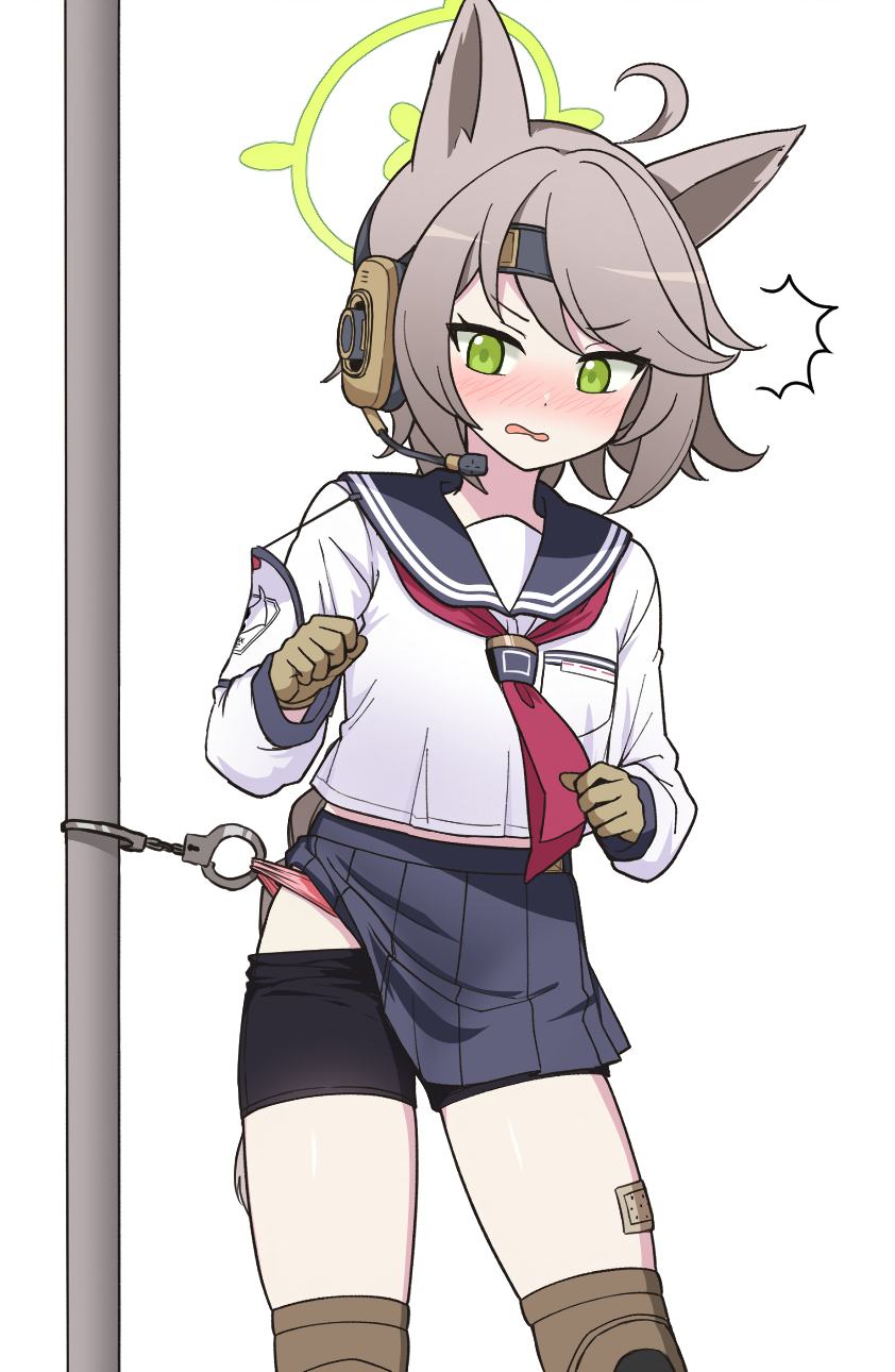 1girl animal_ears bdsm bike_shorts blue_archive bondage bound cuffs ear_protection fox_ears fox_platoon_(blue_archive) gloves green_eyes halo handcuffs highres knee_pads long_sleeves nanju_bami neckerchief otogi_(blue_archive) panties panties_under_bike_shorts panty_pull pink_panties predicament_bondage red_neckerchief sailor_collar school_uniform serafuku underwear white_background