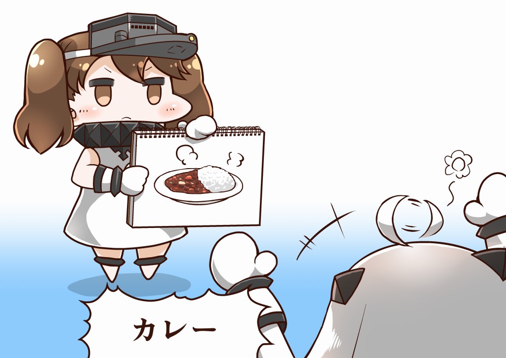 2girls abyssal_ship ahoge ahoge_wag alternate_costume brown_eyes brown_hair colored_skin comic cosplay curry curry_rice dress expressive_hair food frying_pan horns kantai_collection long_hair mittens multiple_girls northern_ocean_hime_(cosplay) northern_ocean_princess pale_skin rice ryuujou_(kancolle) sleeveless sleeveless_dress tanaka_kusao white_dress white_hair white_skin