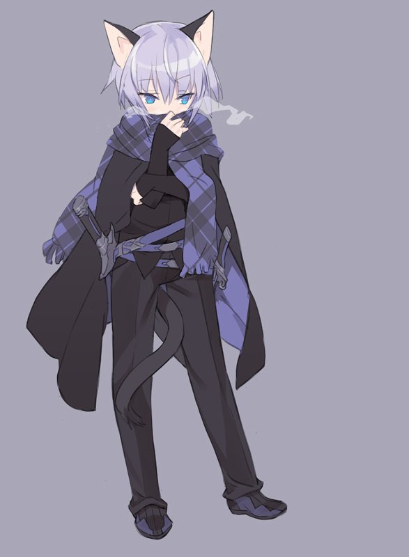 1boy animal_ears blade_(galaxist) blue_eyes blush cape cat_boy cat_ears cat_tail check_commentary commentary_request full_body grey_background hair_between_eyes ledo_vassar long_sleeves looking_to_the_side male_focus pop-up_story scarf silver_hair simple_background sleeves_past_wrists solo sword tail weapon